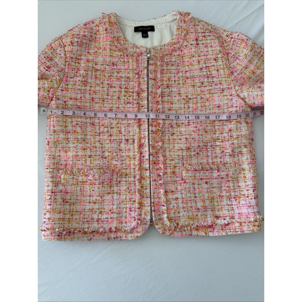 Ann Taylor Tweed Bouclé Blazer Plaid Womens Sz 4 Pink Orange Fringe Zip 3/4 NWT - Picture 5 of 9